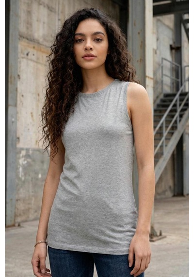 Gri Melanj Slim Fit Basic O Yaka Sıfır Kol Kadın Atlet - 97313 Gri