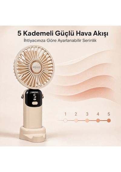 Mkio Şarjlı El Vantilatörü 5 Kademeli, Katlanabilir Dijital Ekranlı Mini El Fanı, 1200 Mah, 5 Pervaneli Güçlü Hava Akışı, Standlı Masaüstü Fan, Usb Şarjlı - Krem Renk
