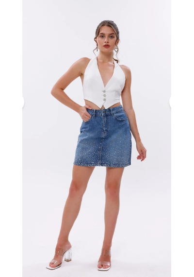 Eseclass Kadın Mavi Yüksek Bel Taş İşlemeli Denim Mini Etek - Işıltılı Kot Etek
