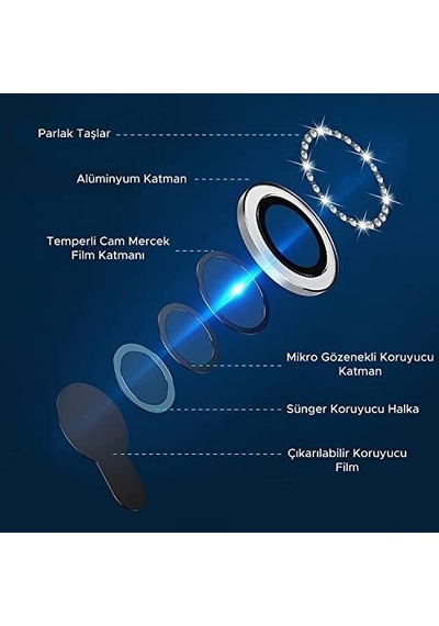15 Pro/ 15 Pro Max Taşlı Lens Premium Kalite Ve Görünüm Gümüş Renk