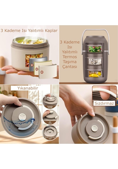 Valkyrie 3 Katmanlı Isı Yalıtımlı Termos Yemek Kabı Seti 304 Paslanmaz Çelik, Sızdırmaz 3 Gözlü Krem