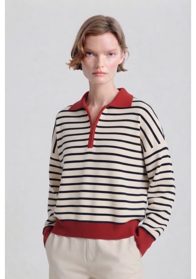 Soft&basic Çizgili Polo Yaka Triko Kadın Kazak Fermuarlı Kırmızı