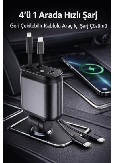66w Hızlı Araç Şarj Cihazı, 4 Ü 1 Arada Geri Çekilebilir Kablolu Araç İçi Şarj Adaptörü, Lightning + Type-c Kablo, Usb-a Ve Usb-c Port, 12v/24v Çakmaklık Uyumlu