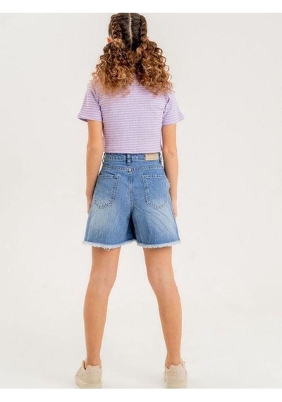 Kız Çocuk Kalp İşlemeli Denim Şort-13912 Mavi