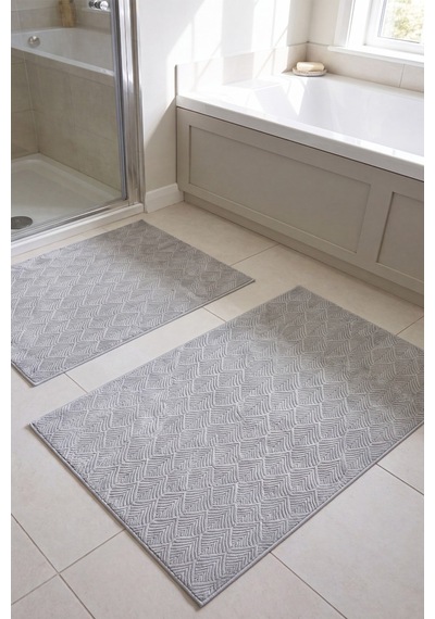Raschel Carpet Yaprak Desenli Premium Seri Özel Kaymaz Taban Banyo Paspası 2'li Set 50x60 Ve 60x100 Gümüş