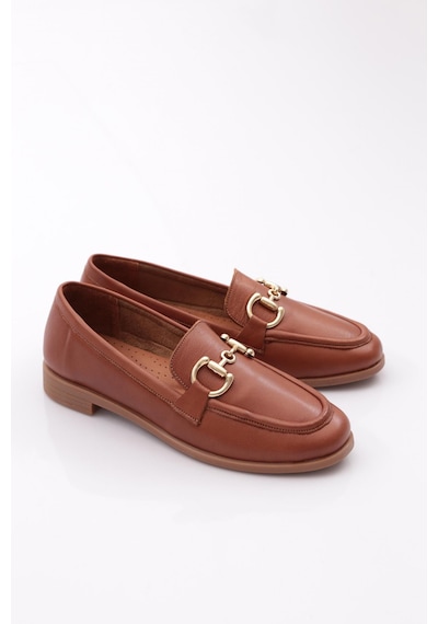 Dgn 1852 Kadin Metal Aksesuarli Loafer Ayakkabi Koyu Taba