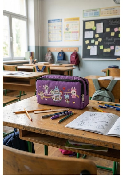 Çift Bölmeli Geniş Hacimli Mor Kalemlik Labubu Ve Araba Desenli Fermuarlı Okul Kalem Kutusu Mor