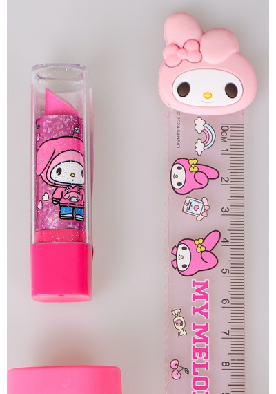 "dekomus Islak Mendil Hediyeli" Lisanslı My Melody 6 Parça Kırtasiye Seti Pods/kulaklık Tasarımlı Kalemtraş,cetvel,uçlu Kalem,ruj Silgi Altın