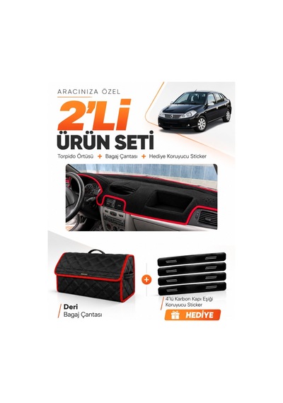 Renault Symbol Airbagsiz 2008-2011 Uyumlu Torpido Örtüsü + Deri Bagaj Çantası Seti - Siyah Kırmızı