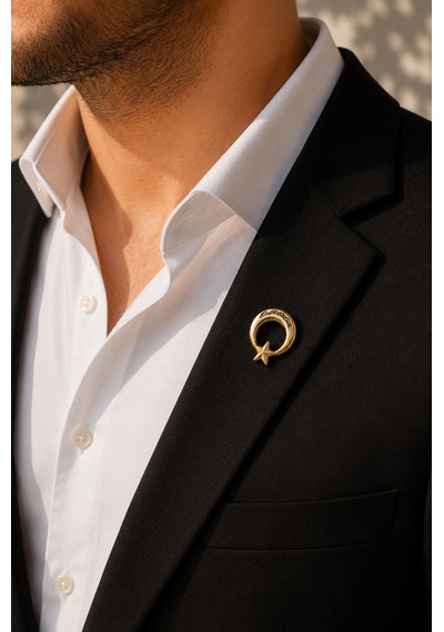 Atatürk İmzalı Ay Yıldız Gold Renk Rozet Unisex Yaka Aksesuarı Gri