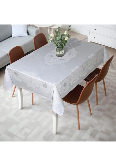 Pano Lace Pamuklu Masa Örtüsü 8 Kişilik 150x220 Cm Masa Örtüsü Gri