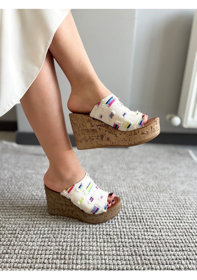 Asmi Shoes Kadın Limo Beyaz Kot Dolgulu Mantar Taban Terlik 10 Cm Beyaz