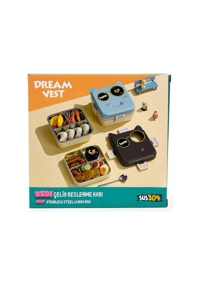 Dream Vest Tek Katlı Kare Kedi Çelik Beslenme Kutusu 1120ml +70ml Mavi K