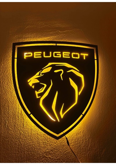Motto Dekor Metal Amber Led Işıklı Peugeot Armalı Pejo Armalı Duvar Dekoru Duvar Aydınlatması Siyah