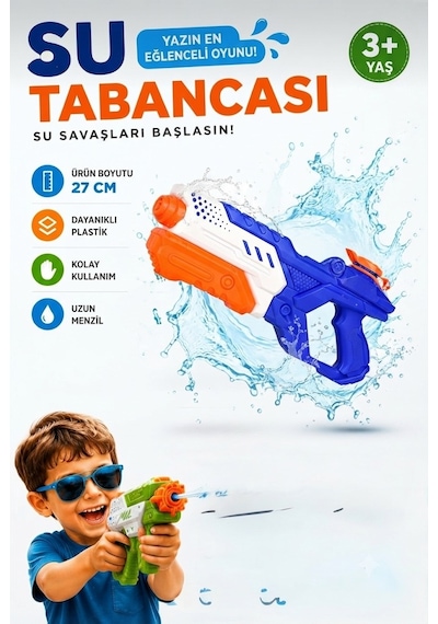 27 Cm Pompalı Büyük Su Tabancası - 600 Ml Su Kapasiteli Geniş Hazneli Yaz Oyuncağı Su