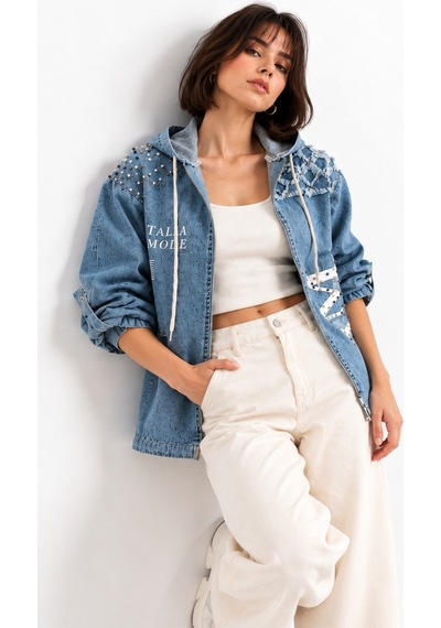 Saade Açık Mavi İnci Detaylı Kapüşonlu Desenli Denim Ceket