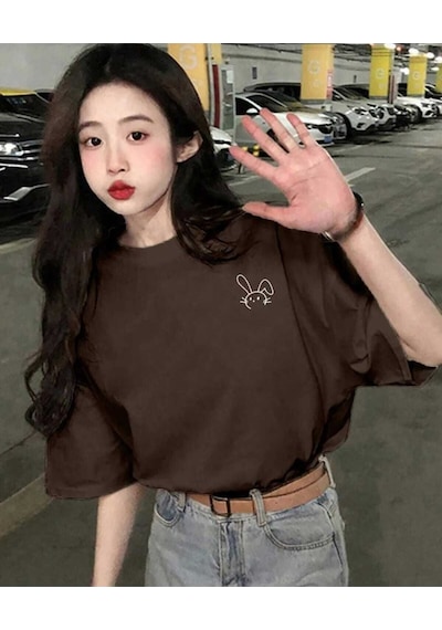 Kozia Outdoors Malkoçbey Küçük Tavşan Detaylı Basic Oversize Unisex T-şhirt Kahverengi Kahverengi