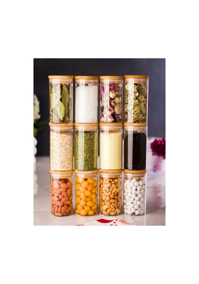 12'li 250ml Bambu Vakumlu Kapaklı Baharatlık Seti Baharatlık Kavanoz Takımı-11cmx6cm Diğer