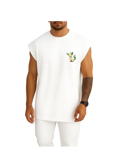 Bahriyeli Collection Oversize Leafeon Eevee Cep Baskılı Atlet Beyaz
