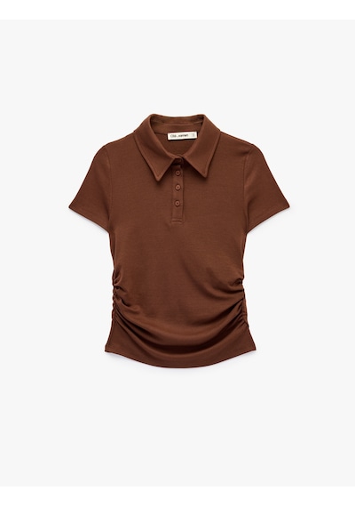 Koton Modal Kumaş Düğmeli Kısa Kollu Drapeli Polo Yaka Tişört Kahverengi 7wal10186ık Kahve