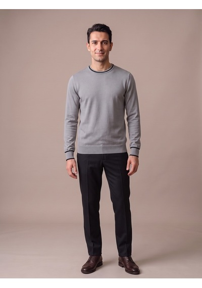 Maccali Erkek Gri Kontrast Şeritli Bisiklet Yaka Triko Sweatshirt