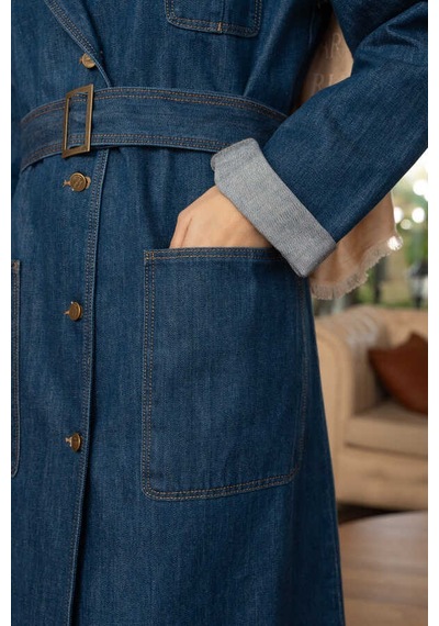 Neways 6655-kuşaklı Denim Ceket Koyu Mavi Koyu Mavi