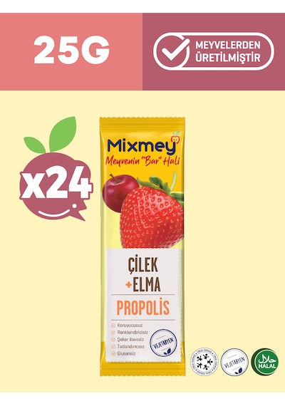 Mixmey Bee Propolis Çilek Meyve Barı 24 Adet | Atıştırmalıklar – Glutensiz (25GR X 24 ADET