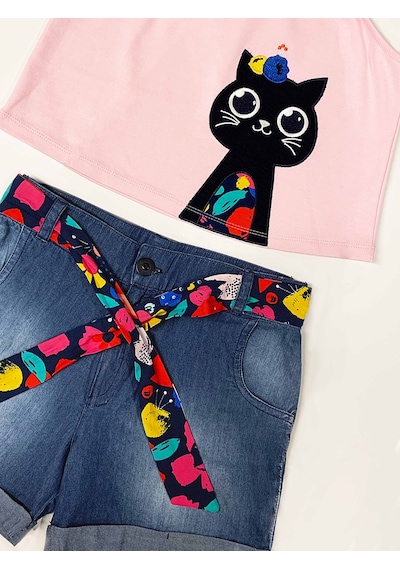 Denokids Mshb&g Çiçek Bahçesi Kız Çocuk T-shirt Denim Şort Takım Çok Renkli