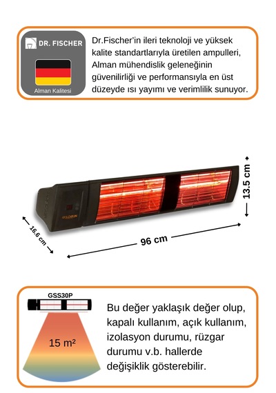 Supra Plus 3000 Watt Gss30p Kumandalı Suya Dayanıklı Elektrikli İnfrared Isıtıcı-siyah
