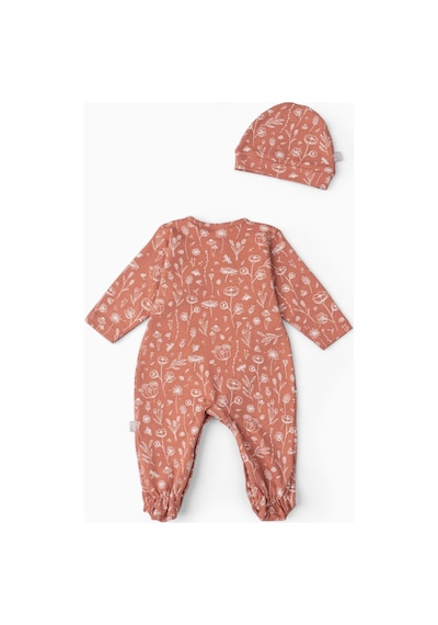Boumini Bebek Patikli Tulum Şapka Set Bahar Çiçekli Kiremit-kiremit Kiremit