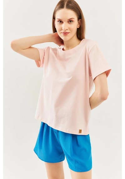 Kadın Oversize Rahat %100 Pamuklu Penye Bisiklet Yaka Kısa Kol Basic T-shirt Pudra