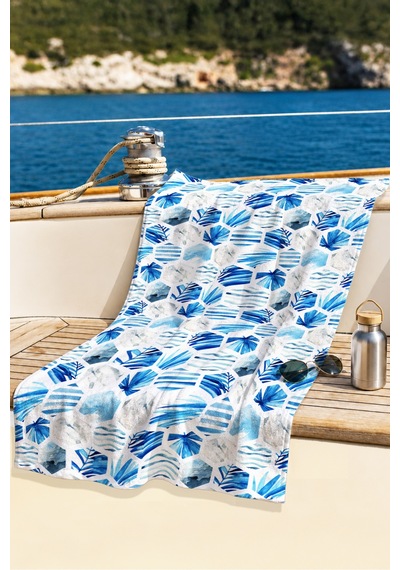 Mavi Tropikal Marine Plaj Havlusu - Geometrik Akdeniz Stil Beyaz Hızlı Kuruyan Mikrofiber Havlu Bulut Mercan