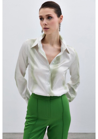 Sateen Desenli Klasik Gömlek - Çağla Yeşili-136007 Çağla Yeşili