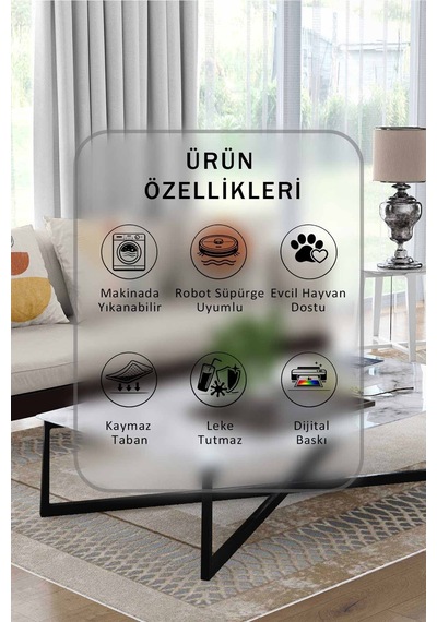 Yıkanabilir Kaymaz Taban Dijital Baskılı Halı Ve Yolluk Leke Tutmaz Salon & Mutfak Halısı - 1446 Vizon