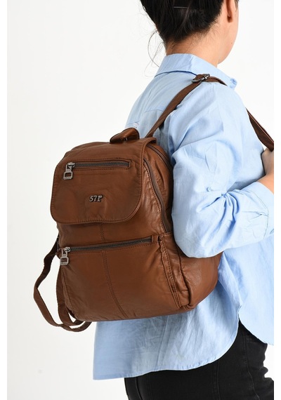 571 Collections Yıkanmış Deri Sırt Çantası Taba Model: 571-9-11a - Taba