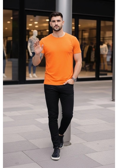 Novalisse Erkek Body Tişört Bisiklet Yaka Slim Fit Likralı T-shirt - Turuncu Çoklu Renk
