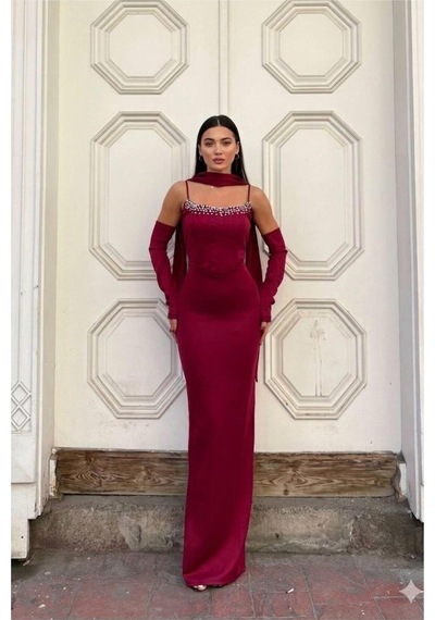 DefyModa Kadın Scuba Esnek Kumaş Straplez Balık Kesim Abiye Elbise Bordo