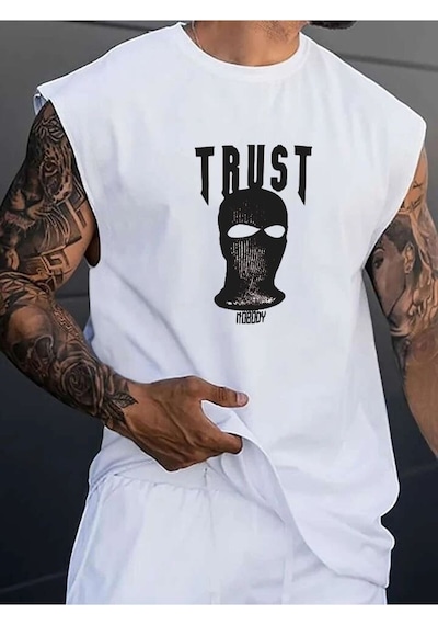 Trust Baskılı Oversize Unisex Kolsuz Tişört BEYAZ