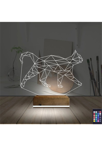 Luvivia Kedi Polygonal Tasarım 3d Lamba - Masa Gece Lambası Şeffaf