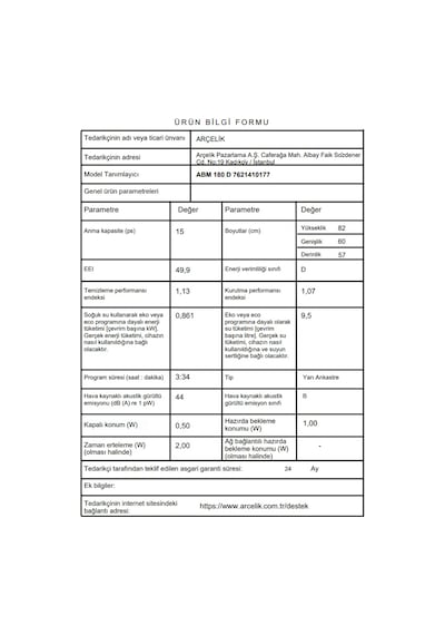 Arçelik ABM 180 D 8 Programlı 15 Kişilik Ankastre Bulaşık Makinesi