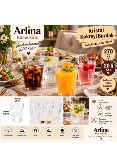 270 Cc Kristal Görünümlü Plastik Kokteyl Bardağı 20'li Beyaz