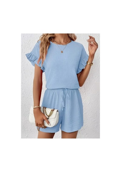 Butik İstanbul Kadın Kısa Kollu Bisiklet Yaka Bürümcük Bluz Ve Kısa Short Ikili Takım Mavi