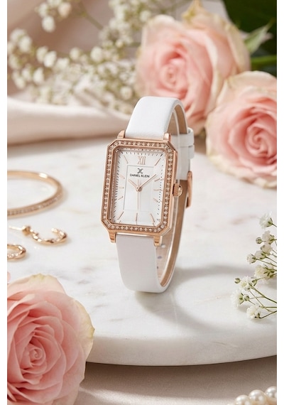 Daniel Klein Dke.1.13971.5 Beyaz Taşlı Dikdörtgen Deri Kordonlu Vintage Kadın Kol Saati Rose Gold