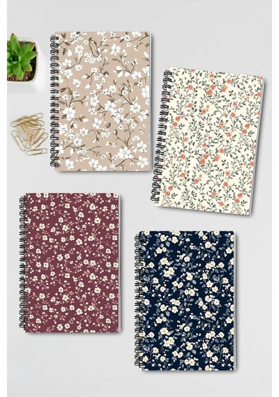 Mini Çiçekler Tasarım 4'lü Defter Seti - A5 Boyut, Tel Spiralli - Günlük, Ajanda, Okul Ve Anı Defteri A5, Çizgi