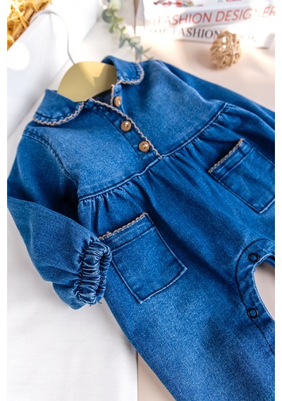 Babymod Bebe Yaka Denim Cep Detaylı Kız Bebek Kot Tulum mavi