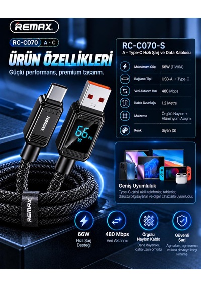 Remax Suxien Serisi Rc-c070-s 66w Akıllı Dijital Ekranlı Usb-a To Type-c Hızlı Şarj Ve Data Kablosu 1.2 Metre Siyah