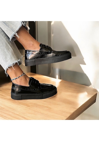 Ne&ve Shoes Siyah Kırışık Rugan Hakiki Deri Kadın Günlük Rahat Bağcıklı Ayakkabı