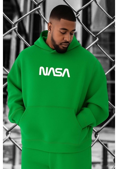 Benroma 3 İplik Penye Nasa Baskılı Büyük Beden Sweatshırt Yeşil