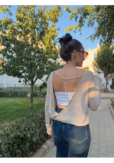 Ali Butik Krem Sırt Dekolteli İnci Detaylı Triko