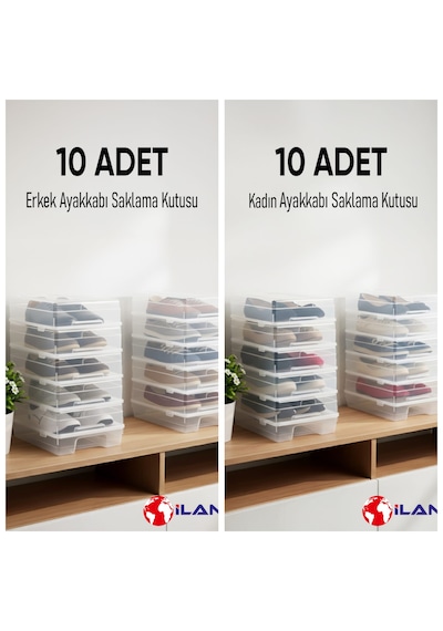 Dripon-20'li Set 10 Erkek-10 Kadın Şeffaf Ayakkabı Saklama Kutusu-havakanallı-ayakkabı Düzenliyici Şeffaf